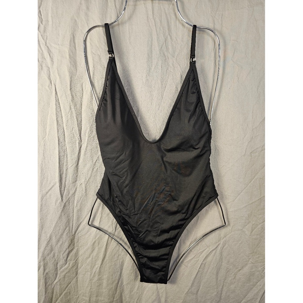 Womens Black Deep V-Neck One Piece Swimsuit High Cut Leg Adjustable Straps M